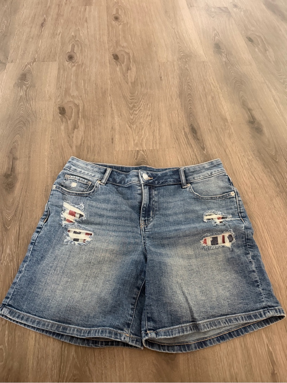 Maurices Distressed Blue Denim Shorts with Striped Patch Details